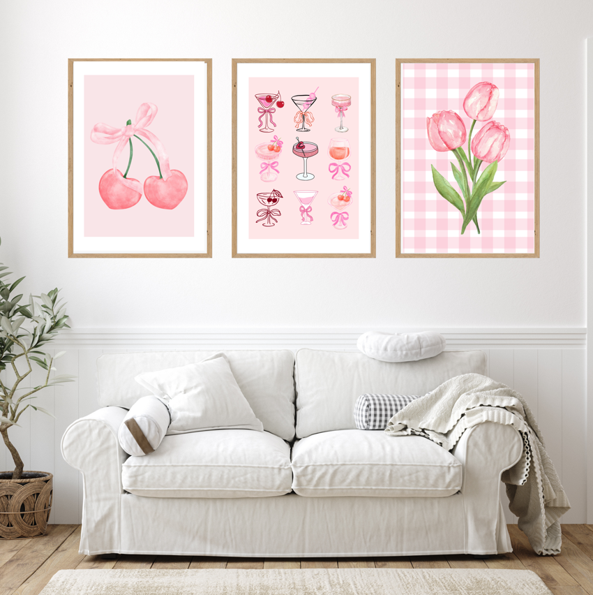 Pack of 3 Pink Aesthetic Wall Art Prints – Cherry, Cocktail & Tulip sticker Poster Set for Bedroom, Living Room & Office Decor