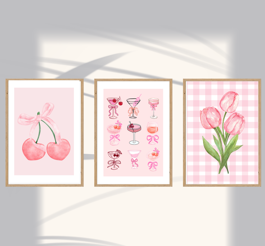 Pack of 3 Pink Aesthetic Wall Art Prints – Cherry, Cocktail & Tulip sticker Poster Set for Bedroom, Living Room & Office Decor