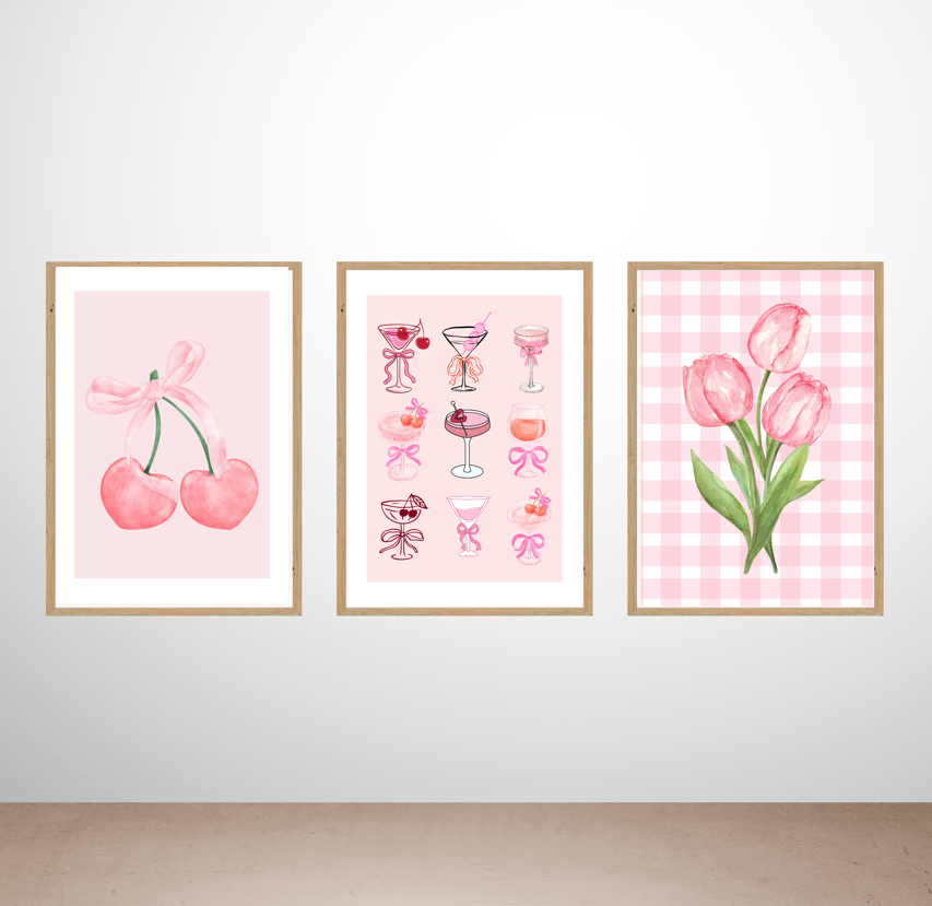 Pack of 3 Pink Aesthetic Wall Art Prints – Cherry, Cocktail & Tulip sticker Poster Set for Bedroom, Living Room & Office Decor
