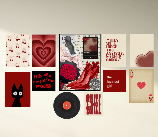 Bundle of Cherry Red Wall Art Aesthetic Glossy Collage | Retro Vintage Room Decor
