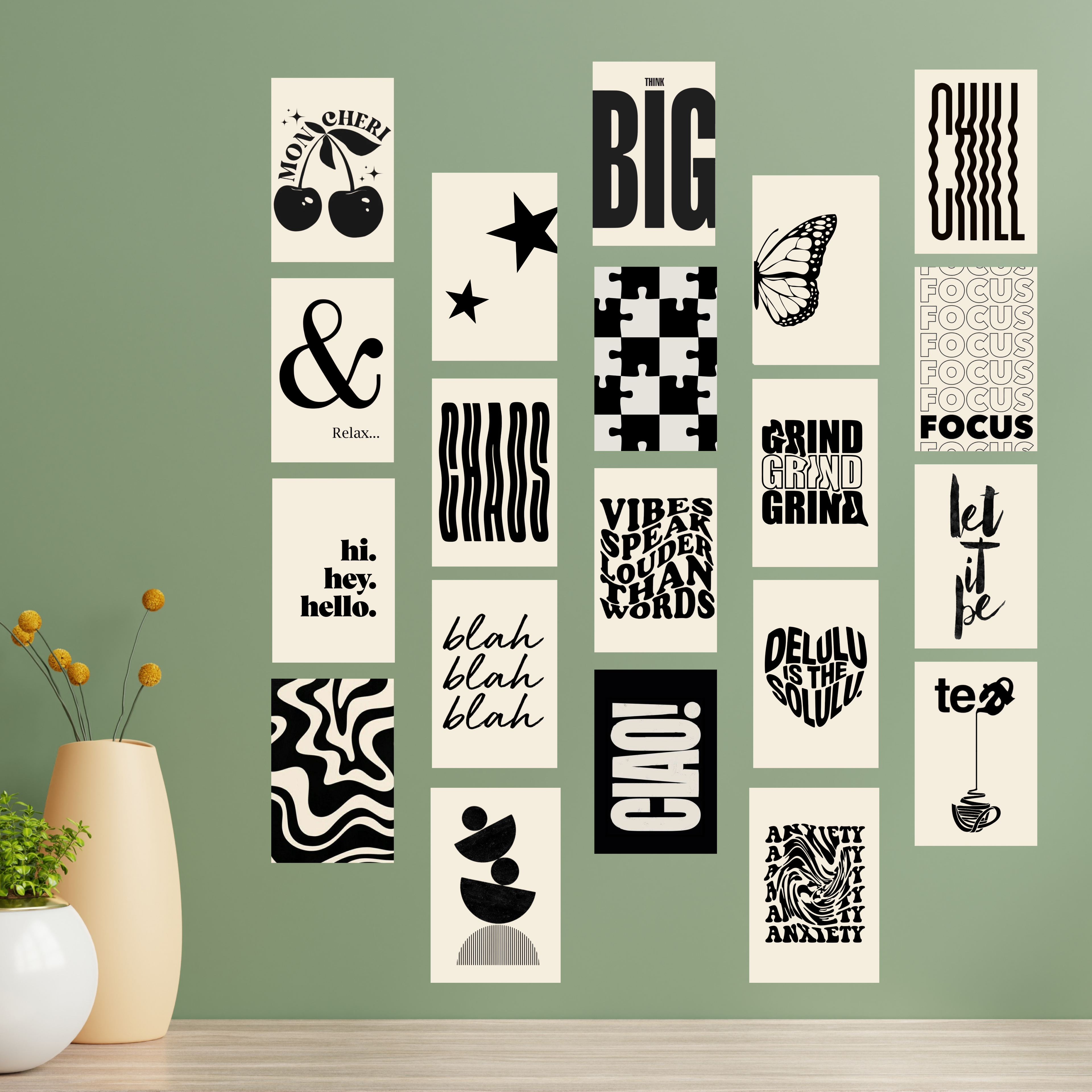 Pack of 20 Black Aesthetic Glossy Sticker Poster Wall Art | 4x6 Inch