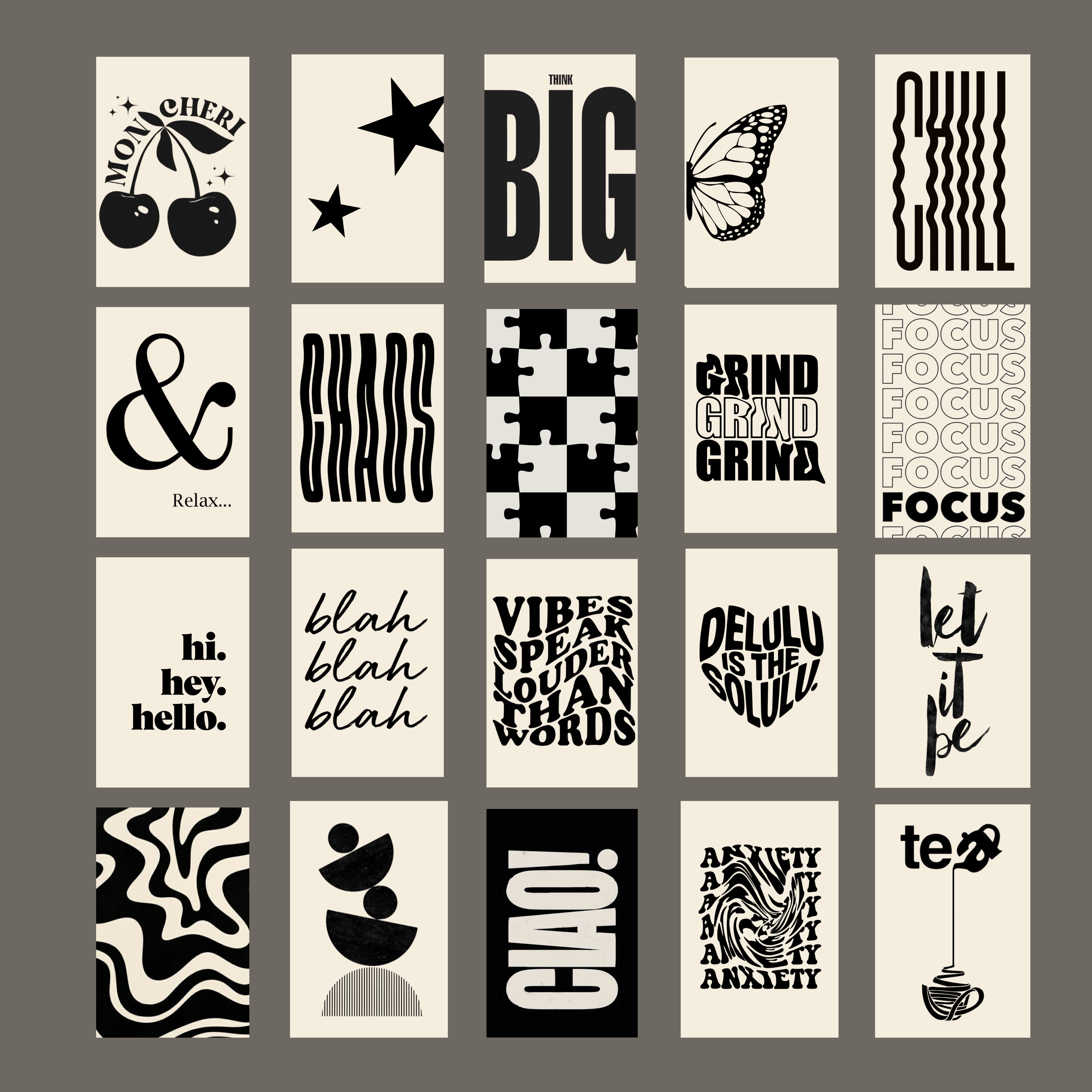 Pack of 20 Black Aesthetic Glossy Sticker Poster Wall Art | 4x6 Inch