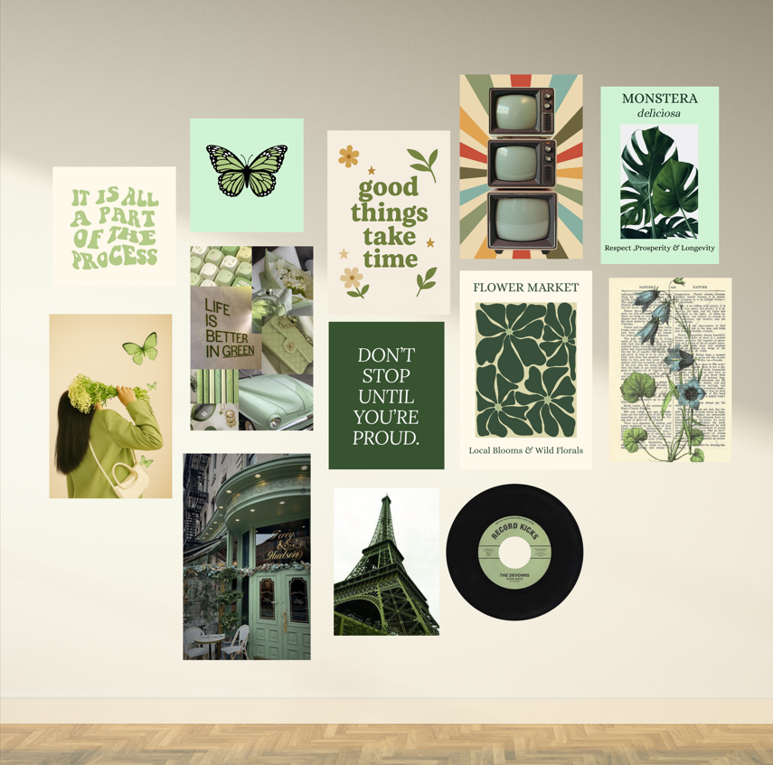 Bundle of Aesthetic Green Wall Collage Kit , Boho Green Aesthetic Wall Collage Set Glossy Sticker Posters | Wall Collage Kit, Teen Girl Pinterest Room Decor