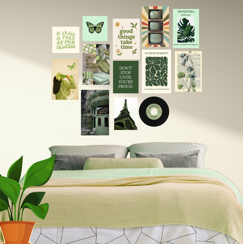 Bundle of Aesthetic Green Wall Collage Kit , Boho Green Aesthetic Wall Collage Set Glossy Sticker Posters | Wall Collage Kit, Teen Girl Pinterest Room Decor