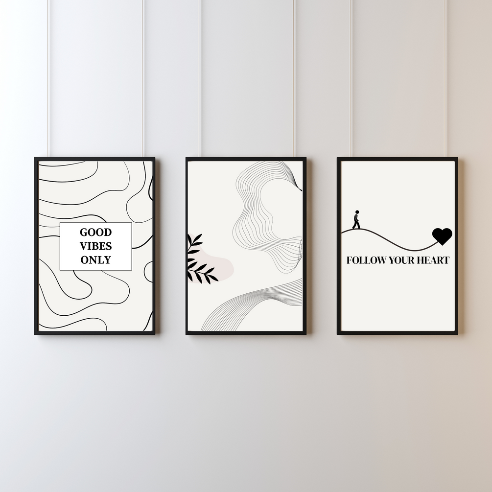 Pack of 3 Boho Minimalist Wall Art | A4 | Glossy Sticker Poster