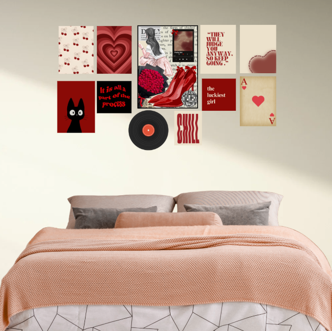 Bundle of Cherry Red Wall Art Aesthetic Glossy Collage | Retro Vintage Room Decor